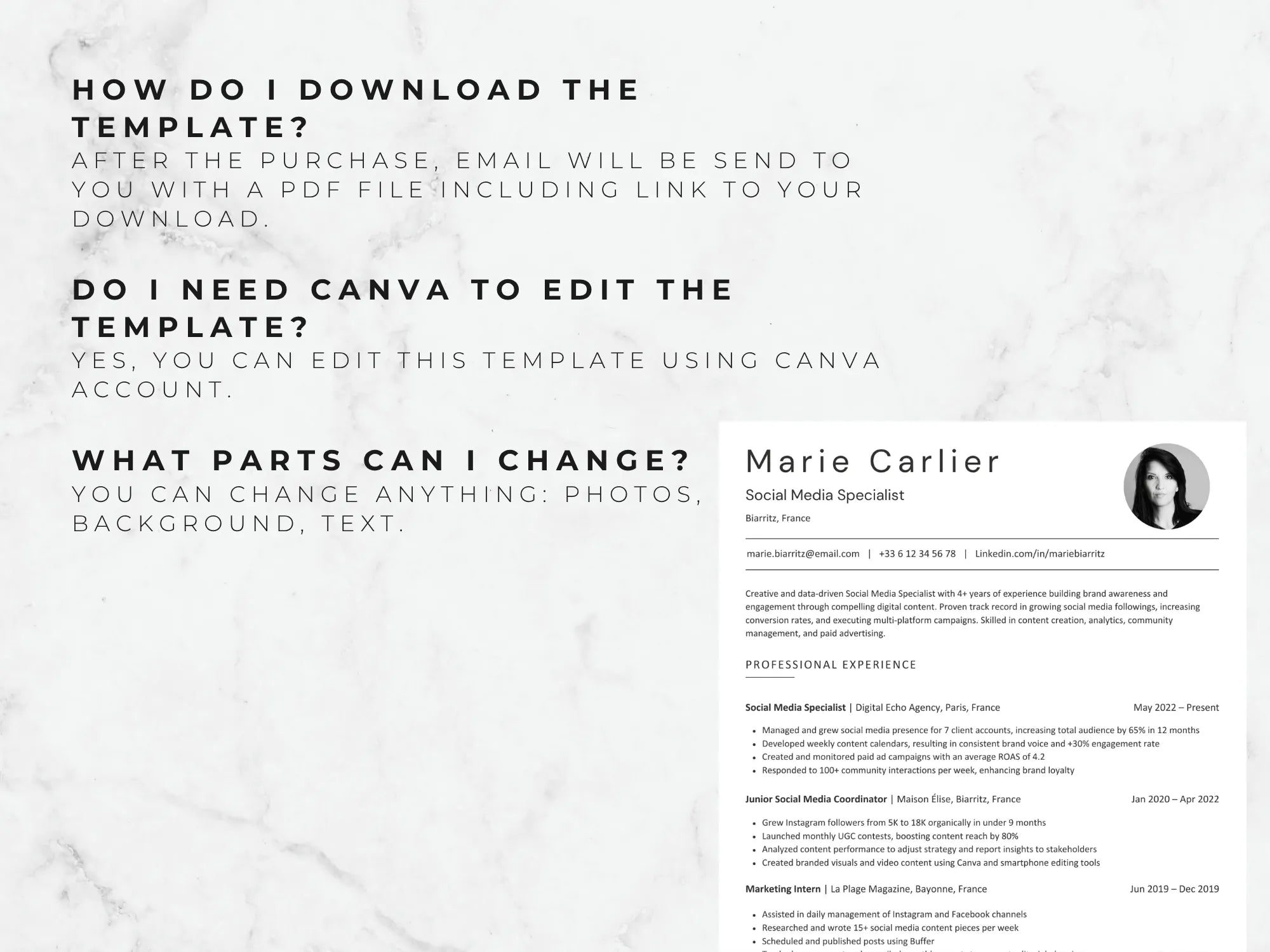 Resume template with contact information on a light gray background