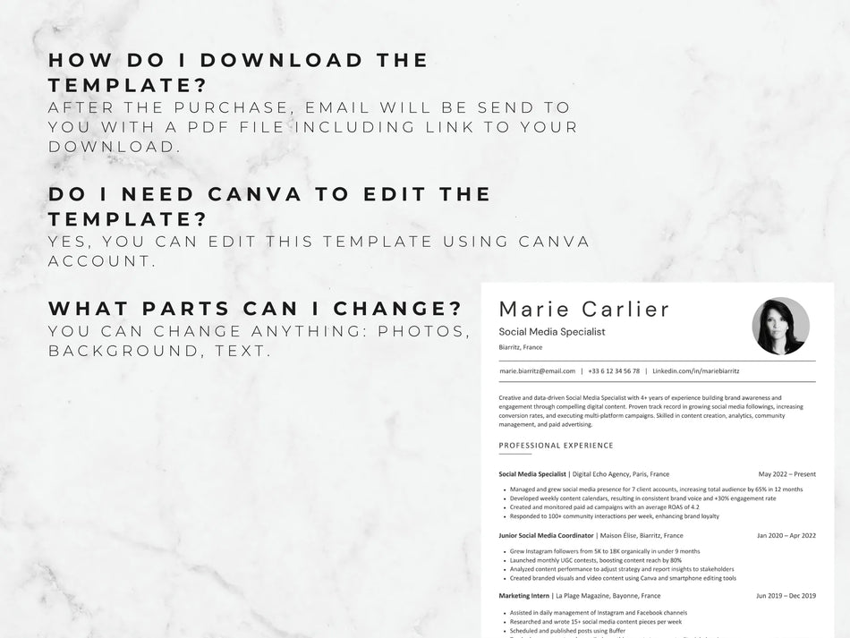 Resume template with contact information on a light gray background