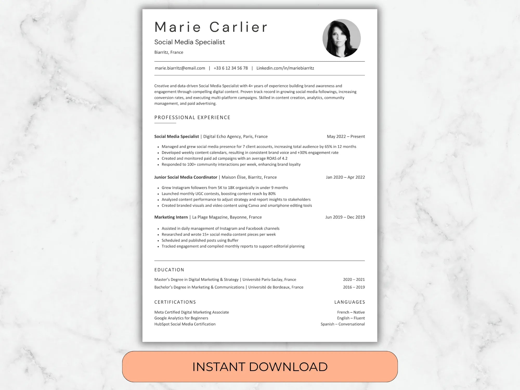 Resume template with a marble background and 'Instant Download' button.