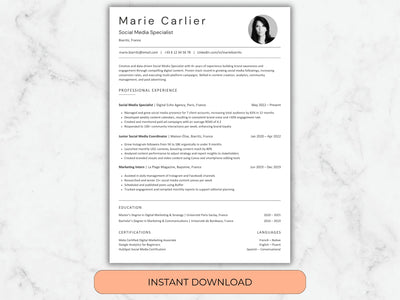 Resume template with a marble background and 'Instant Download' button.