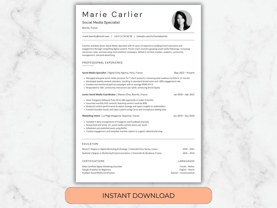 Resume template with a marble background and 'Instant Download' button.