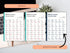 Three identical sheets of paper with Spanish verb lists on a desk with a laptop and plant.
