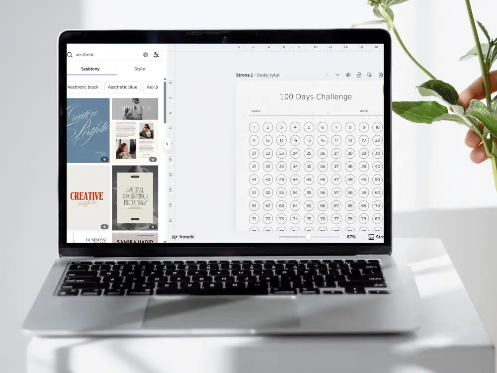 Close-up of a laptop screen showing the Canva sidebar with "Aesthetic" template options being applied to the 100-day challenge layout.