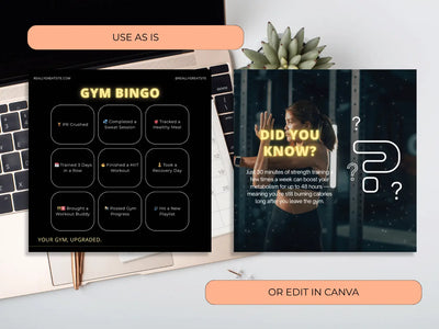 Two digital screens displaying 'Gym Bingo' and 'Did You Know?' content on a desk with a laptop.
