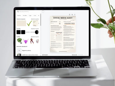 Laptop displaying a social media audit tool on a white surface with a plant.
