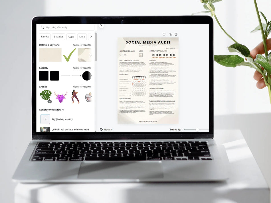 Laptop displaying a social media audit tool on a white surface with a plant.