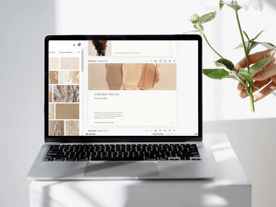 A laptop screen showing the Instagram strategy template being edited within the Canva design interface.