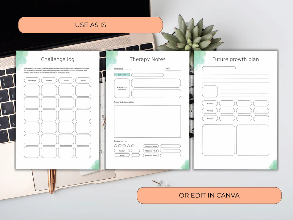 Three planner pages on a desk with text options for use or editing.