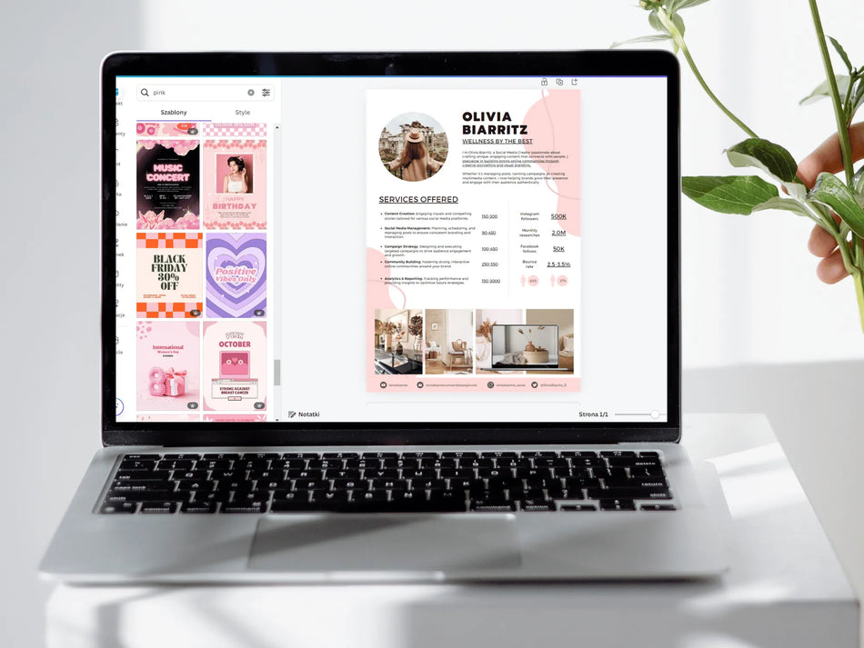Laptop displaying a portfolio website with a pink and white color scheme.