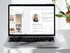 Laptop displaying a website with a profile and services offered on a white surface.