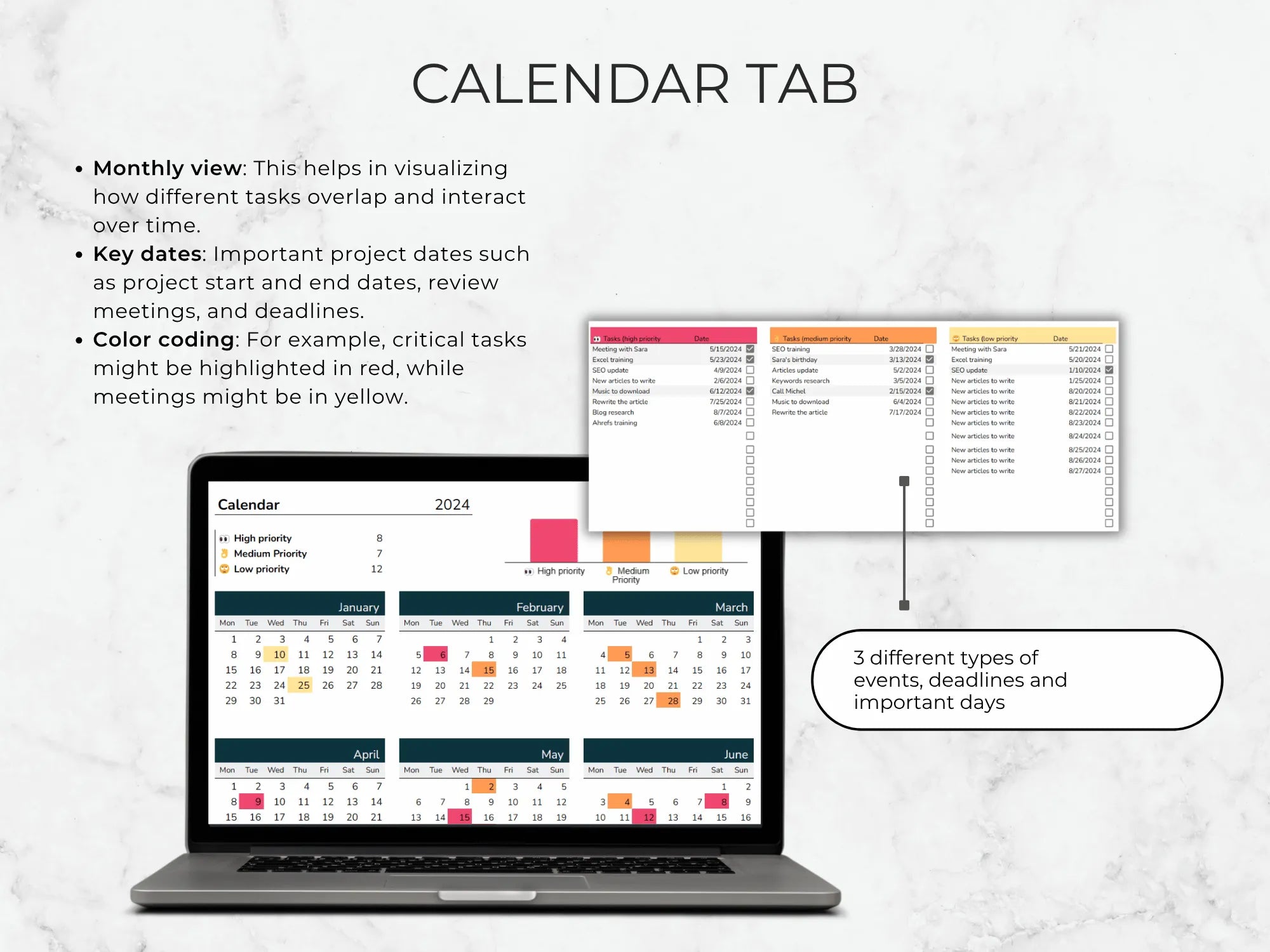 Calendar tab on a laptop screen with text explaining its features.
