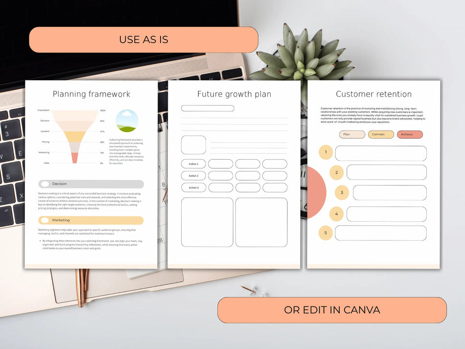 Open notebook with planning frameworks on a desk with a laptop and plant.