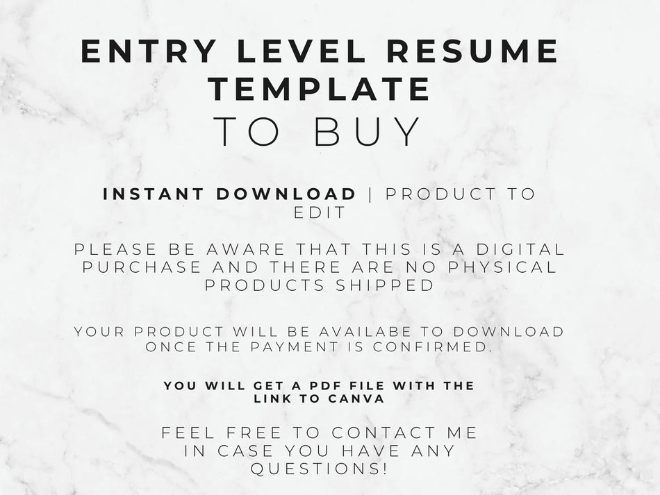 Text on a marble background about an entry-level resume template for purchase.