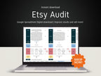 Laptop displaying Etsy Audit spreadsheet with 'Shop Now!' button on a dark background