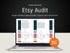 Laptop displaying Etsy Audit spreadsheet with 'Shop Now!' button on a dark background