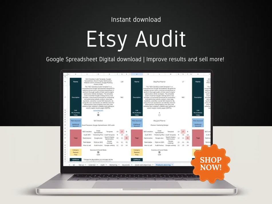 Laptop displaying Etsy Audit spreadsheet with 'Shop Now!' button on a dark background