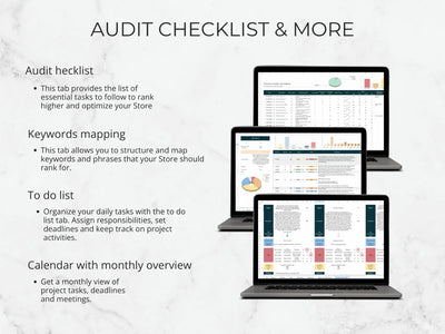 Audit checklist and related features displayed on a screen with text on a light gray background.