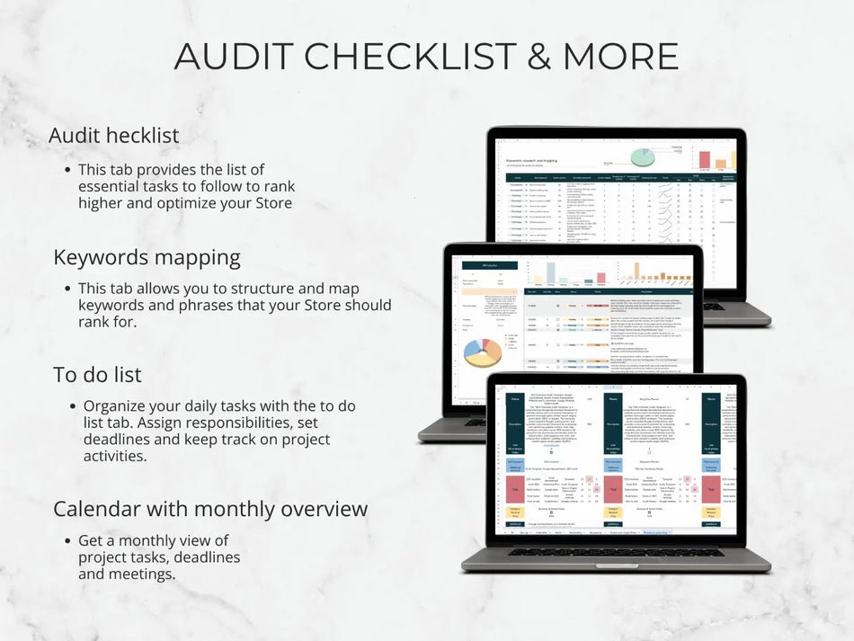 Audit checklist and related features displayed on a screen with text on a light gray background.