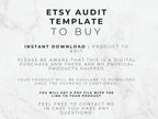 Text on a marble background about an Etsy audit template for digital download