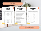 Three printable game/activity sheets displayed on a desk mockup with a laptop, notebook, and succulent. The sheets read 'EVER OR NEVER', 'LET'S TABLE TALK', and 'CHARADES GAME', with peach callout banners saying 'USE AS IS' and 'OR EDIT IN CANVA'.