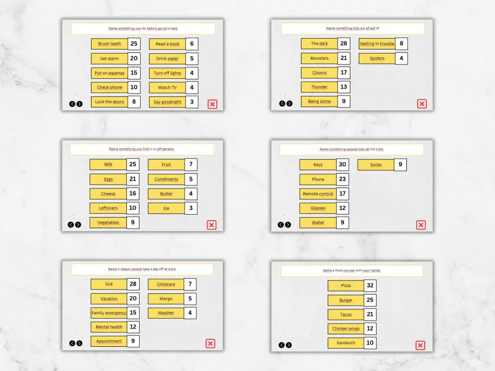 Six digital recipe card templates arranged in a 2x3 grid on a light marble background. Each card features a white layout with yellow buttons, black text, and small red and black icons.
