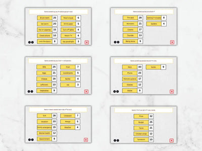 Six digital recipe card templates arranged in a 2x3 grid on a light marble background. Each card features a white layout with yellow buttons, black text, and small red and black icons.