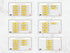 Six digital recipe card templates arranged in a 2x3 grid on a light marble background. Each card features a white layout with yellow buttons, black text, and small red and black icons.