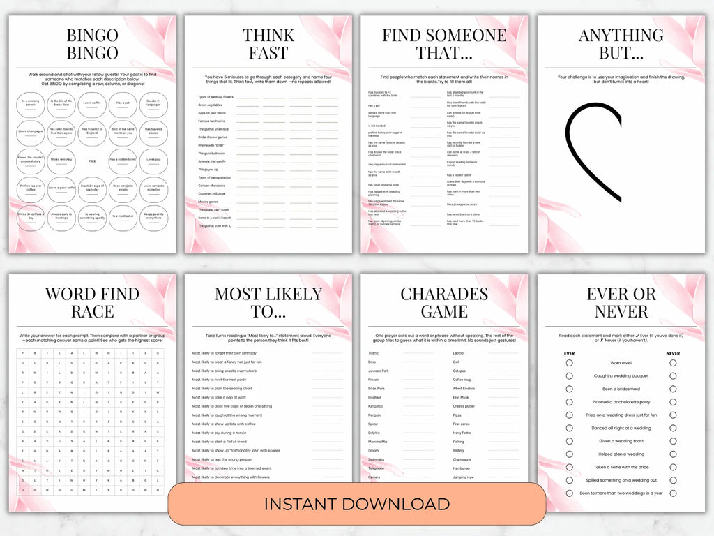 A set of printable game cards shown in a 2x3 grid with pink floral corner accents and black text. The cards include: Bingo, Think Fast, Find Someone That.