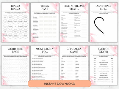 A set of printable game cards shown in a 2x3 grid with pink floral corner accents and black text. The cards include: Bingo, Think Fast, Find Someone That.