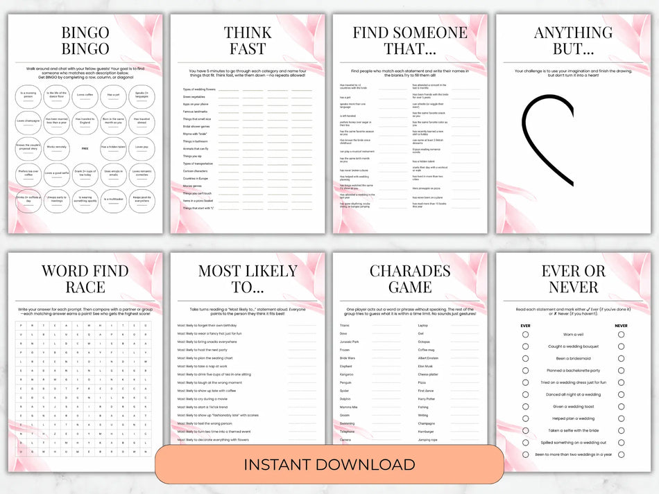 A set of printable game cards shown in a 2x3 grid with pink floral corner accents and black text. The cards include: Bingo, Think Fast, Find Someone That.