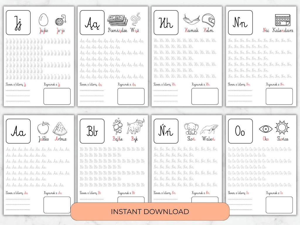 A set of printable Polish alphabet learning sheets showing uppercase and lowercase letter-to-word mappings, with writing practice grids and a peach banner reading 'INSTANT DOWNLOAD' at the bottom.