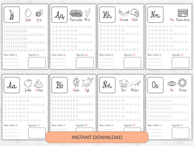A set of printable Polish alphabet learning sheets showing uppercase and lowercase letter-to-word mappings, with writing practice grids and a peach banner reading 'INSTANT DOWNLOAD' at the bottom.