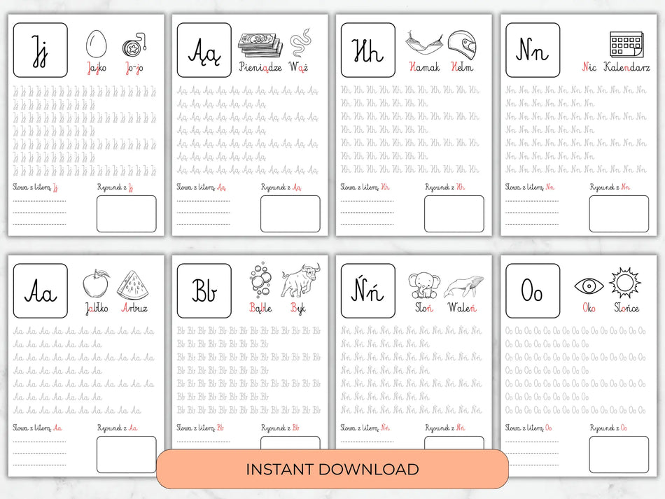 A set of printable Polish alphabet learning sheets showing uppercase and lowercase letter-to-word mappings, with writing practice grids and a peach banner reading 'INSTANT DOWNLOAD' at the bottom.