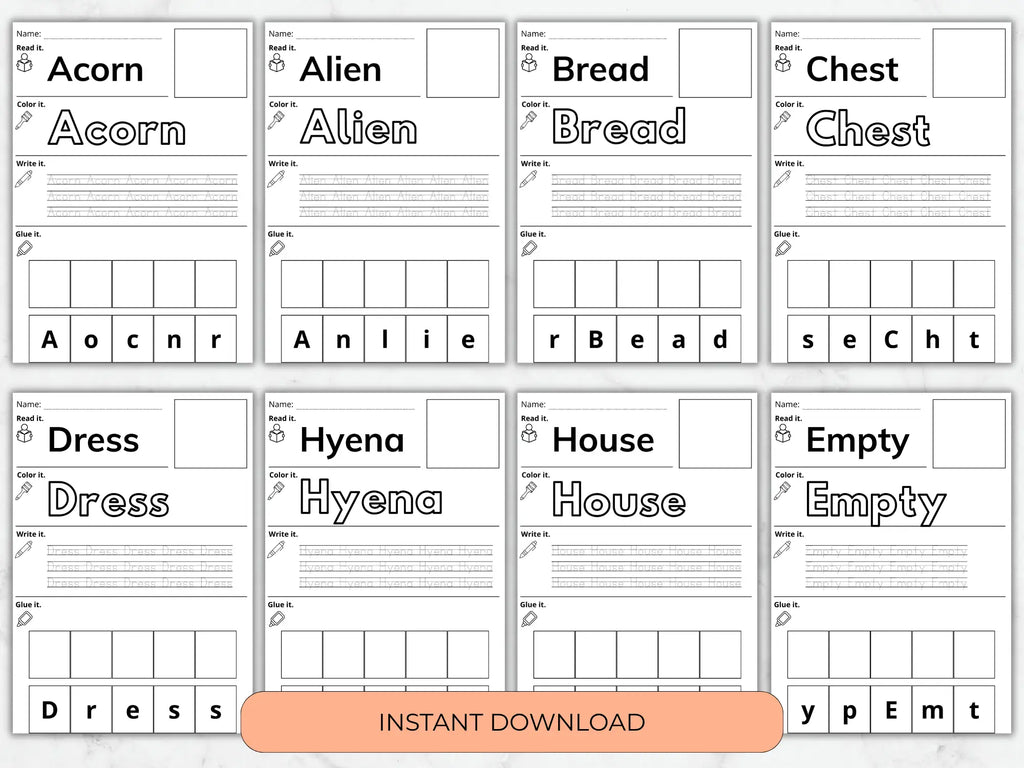 A set of printable alphabet learning sheets showing uppercase and lowercase letter-to-word mappings, with writing practice grids and a peach banner reading 'INSTANT DOWNLOAD' at the bottom.