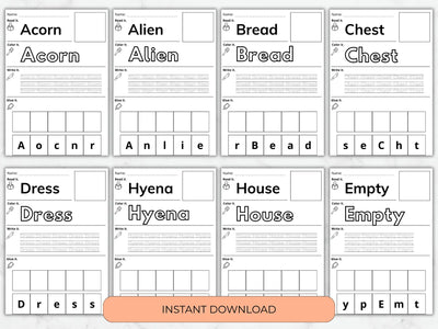 A set of printable alphabet learning sheets showing uppercase and lowercase letter-to-word mappings, with writing practice grids and a peach banner reading 'INSTANT DOWNLOAD' at the bottom.