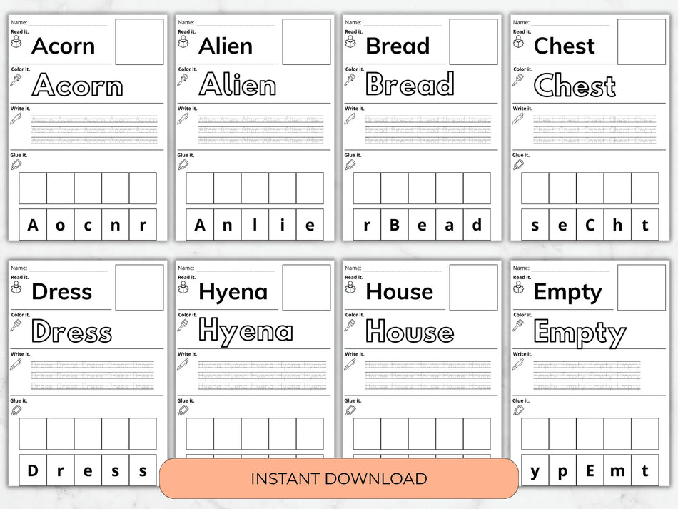 A set of printable alphabet learning sheets showing uppercase and lowercase letter-to-word mappings, with writing practice grids and a peach banner reading 'INSTANT DOWNLOAD' at the bottom.