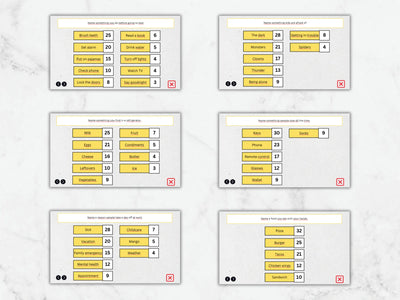 Six digital user interface cards showing workout or activity progress layouts, arranged in a 2x3 grid on a light marble background.
