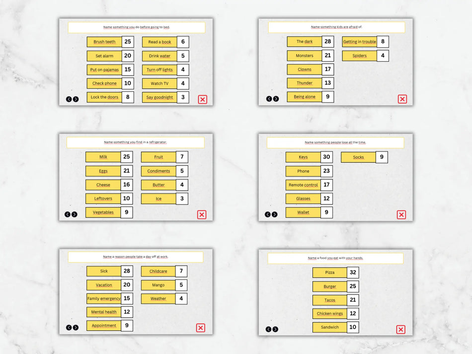 Six digital user interface cards showing workout or activity progress layouts, arranged in a 2x3 grid on a light marble background.