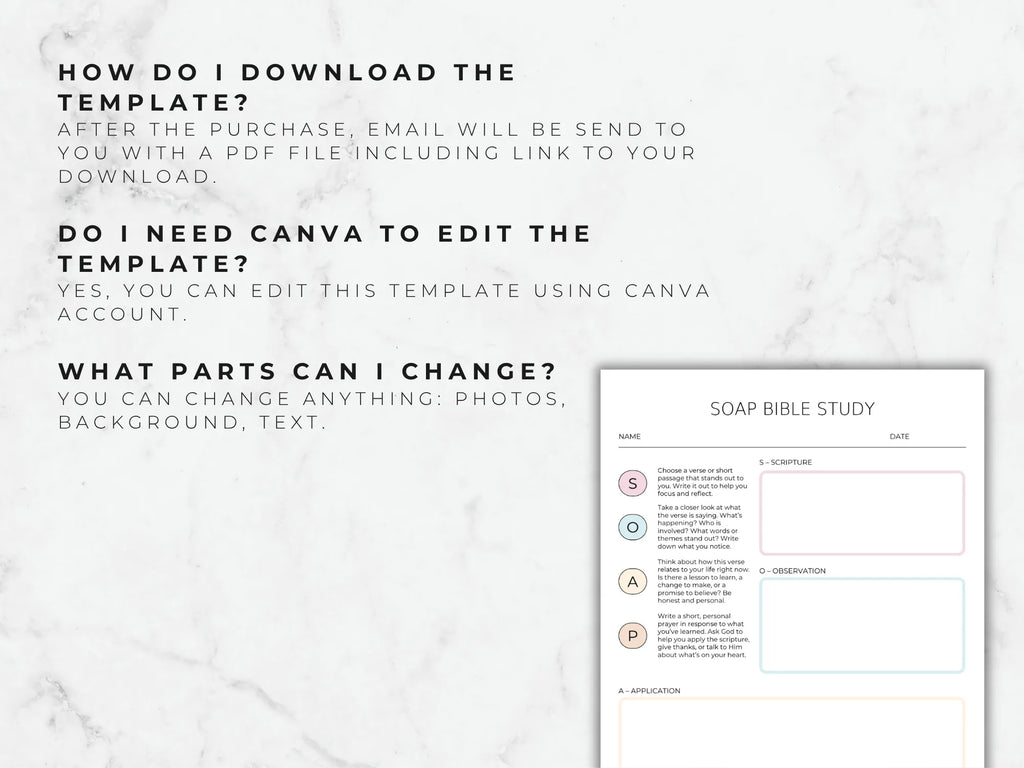 Soap Bible Study template on a white marble background with text instructions.