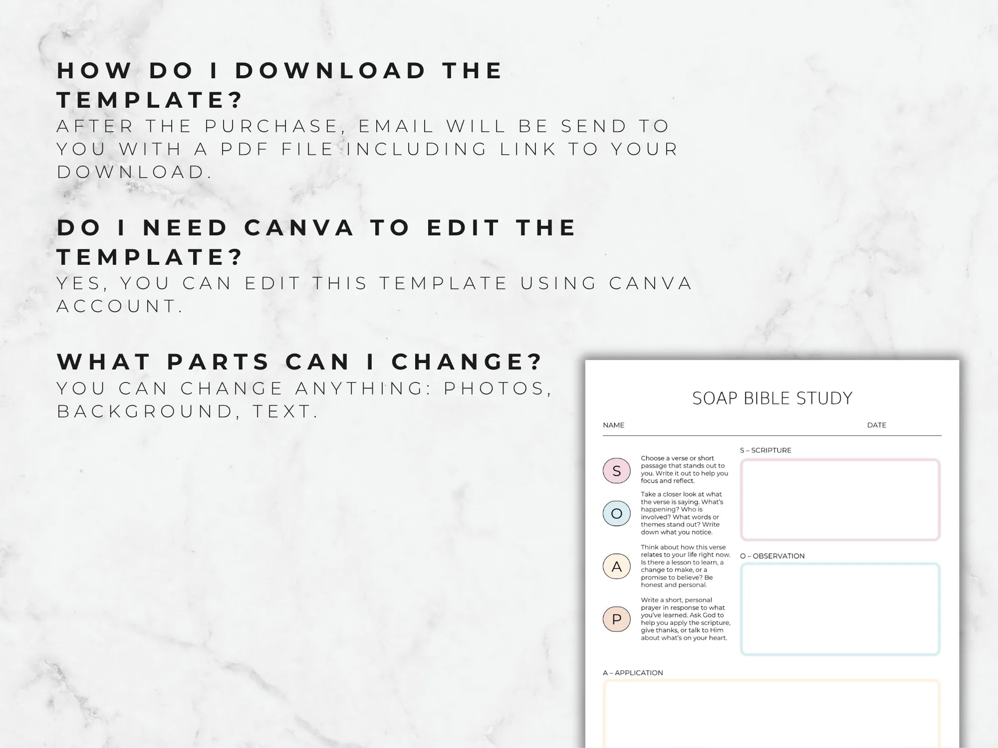 Soap Bible Study template on a white marble background with text instructions.
