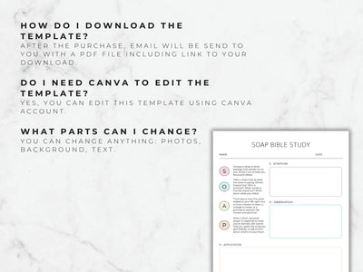 Soap Bible Study template on a white marble background with text instructions.