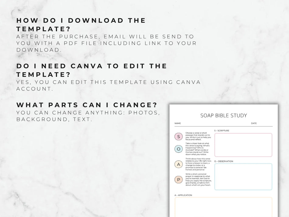 Soap Bible Study template on a white marble background with text instructions.
