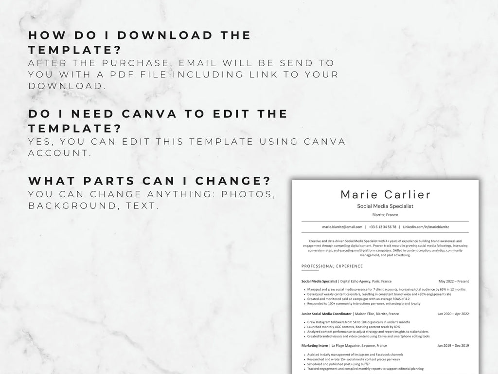 Resume template with text on a light gray background