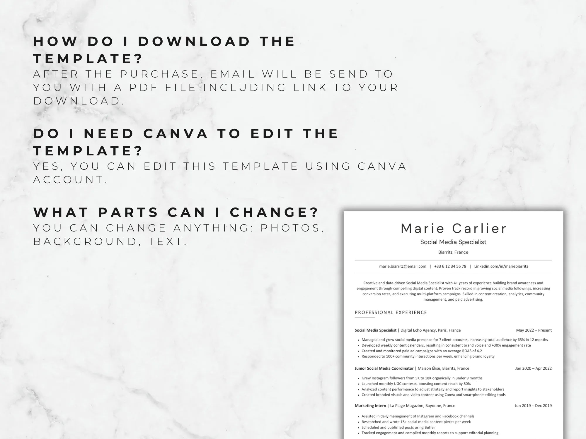 Resume template with text on a light gray background