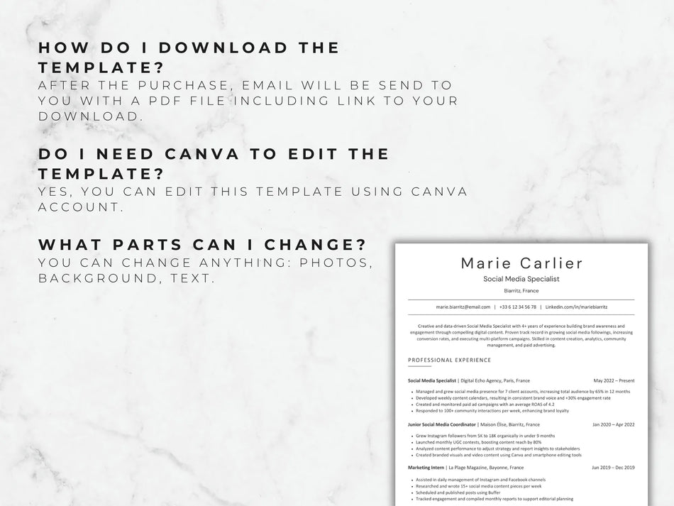 Resume template with text on a light gray background