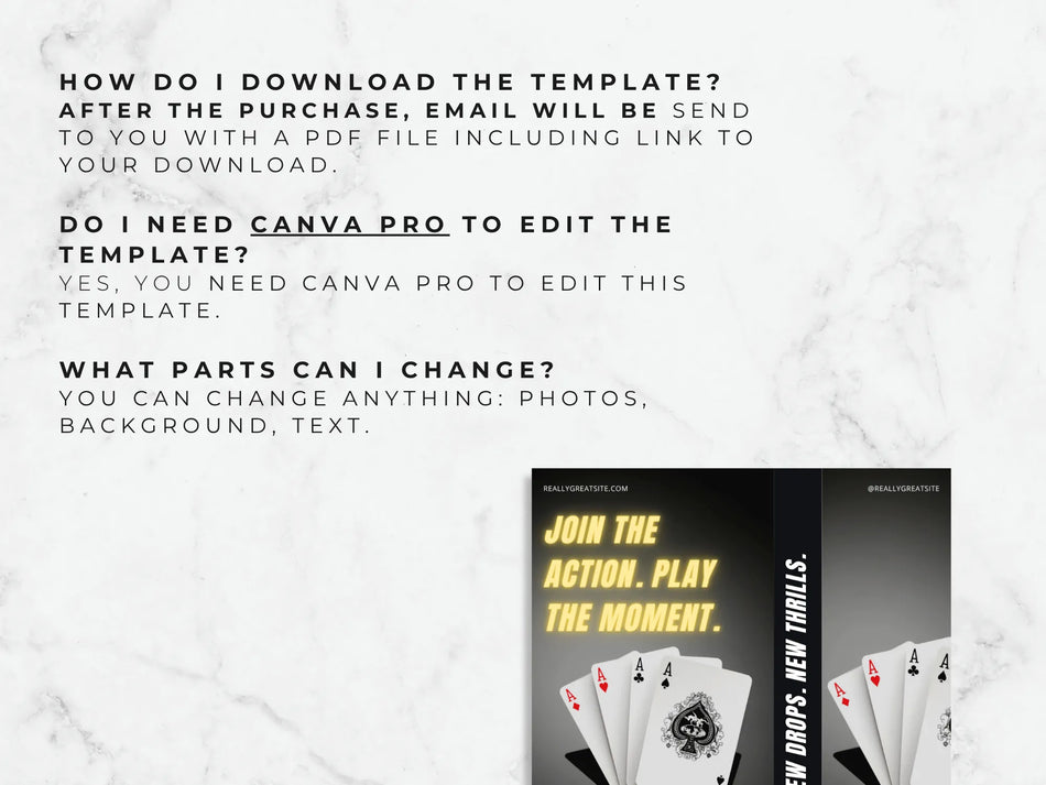 Text instructions on how to download and edit a template with playing cards and text design.