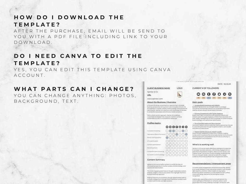 Instructions on how to download and edit a Canva template with text and layout.
