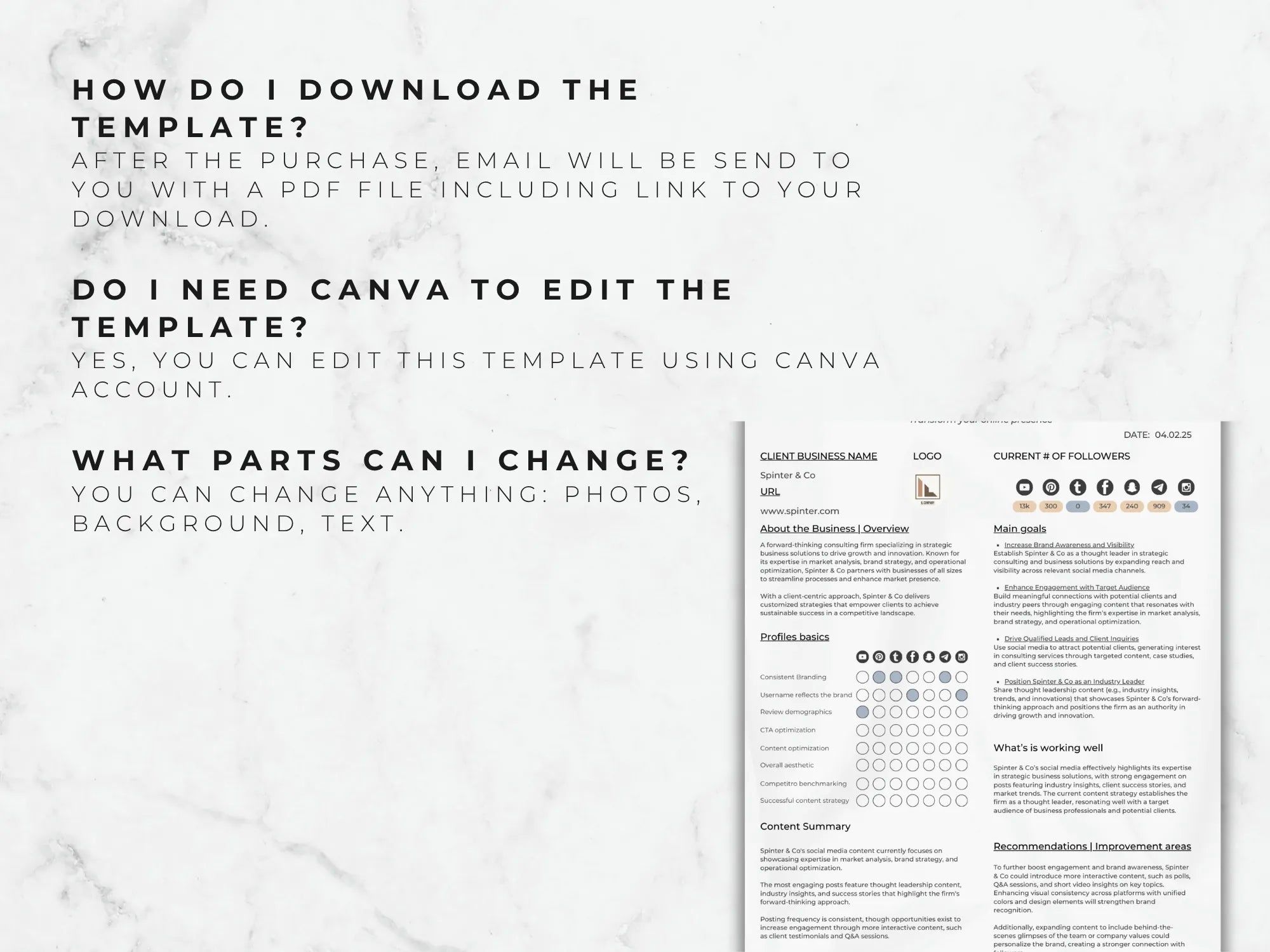 Instructions on how to download and edit a Canva template with text and layout.