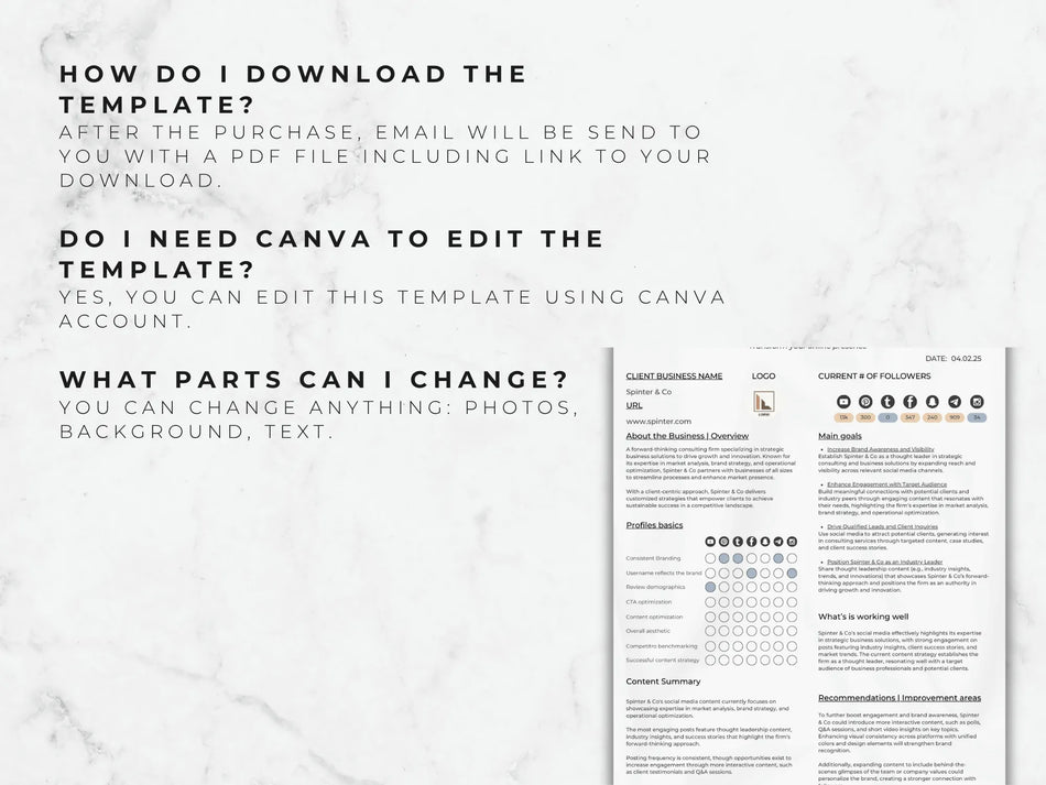 Instructions on how to download and edit a Canva template with text and layout.
