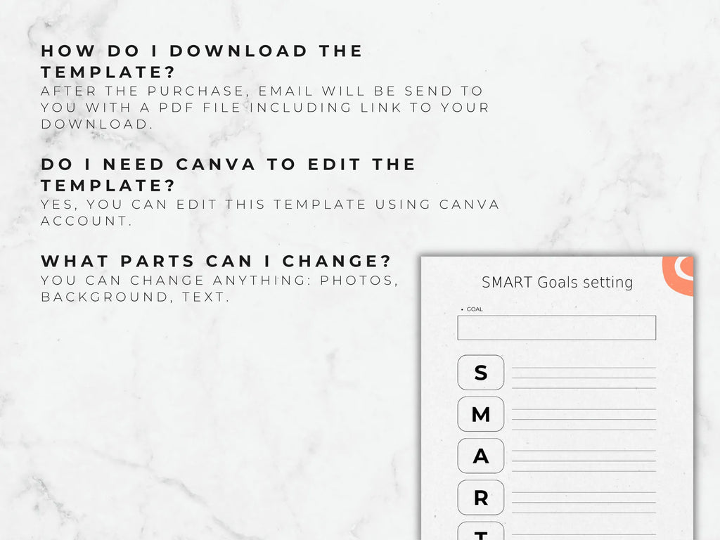 Instructions on downloading and editing a template with Canva, displayed on a white marble background.